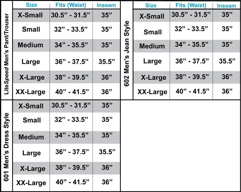 LiteSpeed, 601, 602 Men's Pants sizing chart