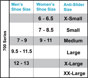 Anti-Slider fitting chart for 700 Series Curling Shoes