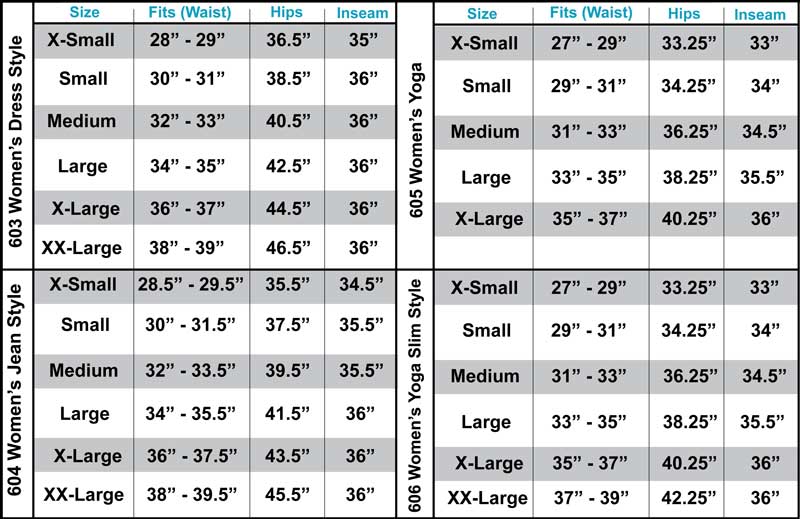 603, 604, 605, 606 Pants Fitting Assistance Chart